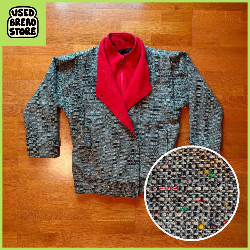 Vintage 80s Outer-scene Rainbow Donegal Tweed Coat | Gray & Red | Iconic Look